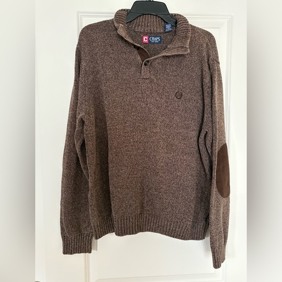 Chaps Sweater L brown Button Collar Elbow Patch Preppy Pullover old money golf - Picture 1 of 6